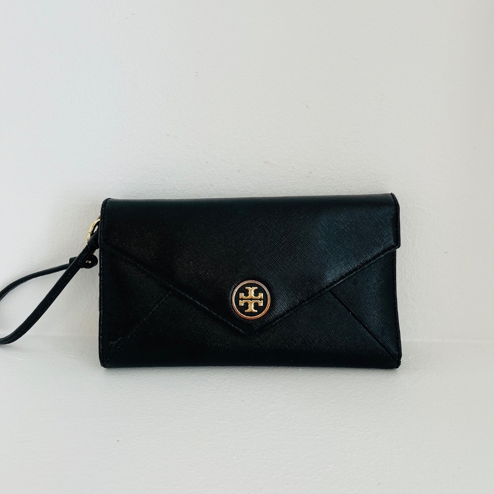 Tory Burch Black Leather Wristlet Wallet with Gold Logo